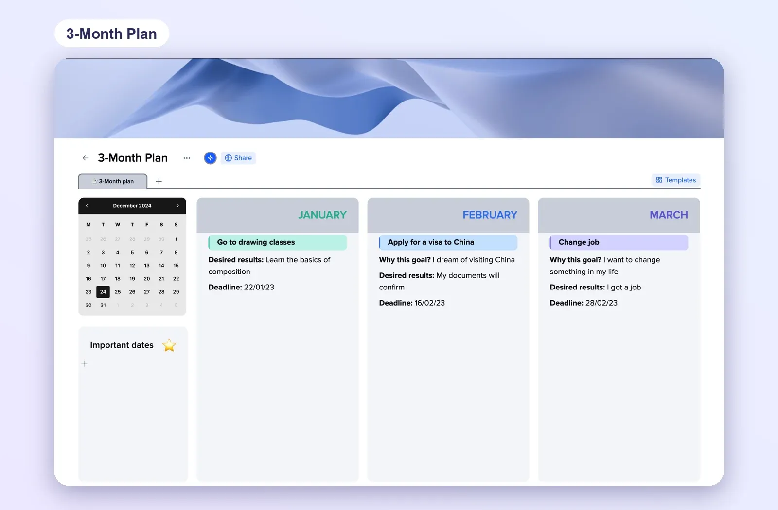 3 Month Plan template with a calendar, important dates and a column per month with goals and deadlines