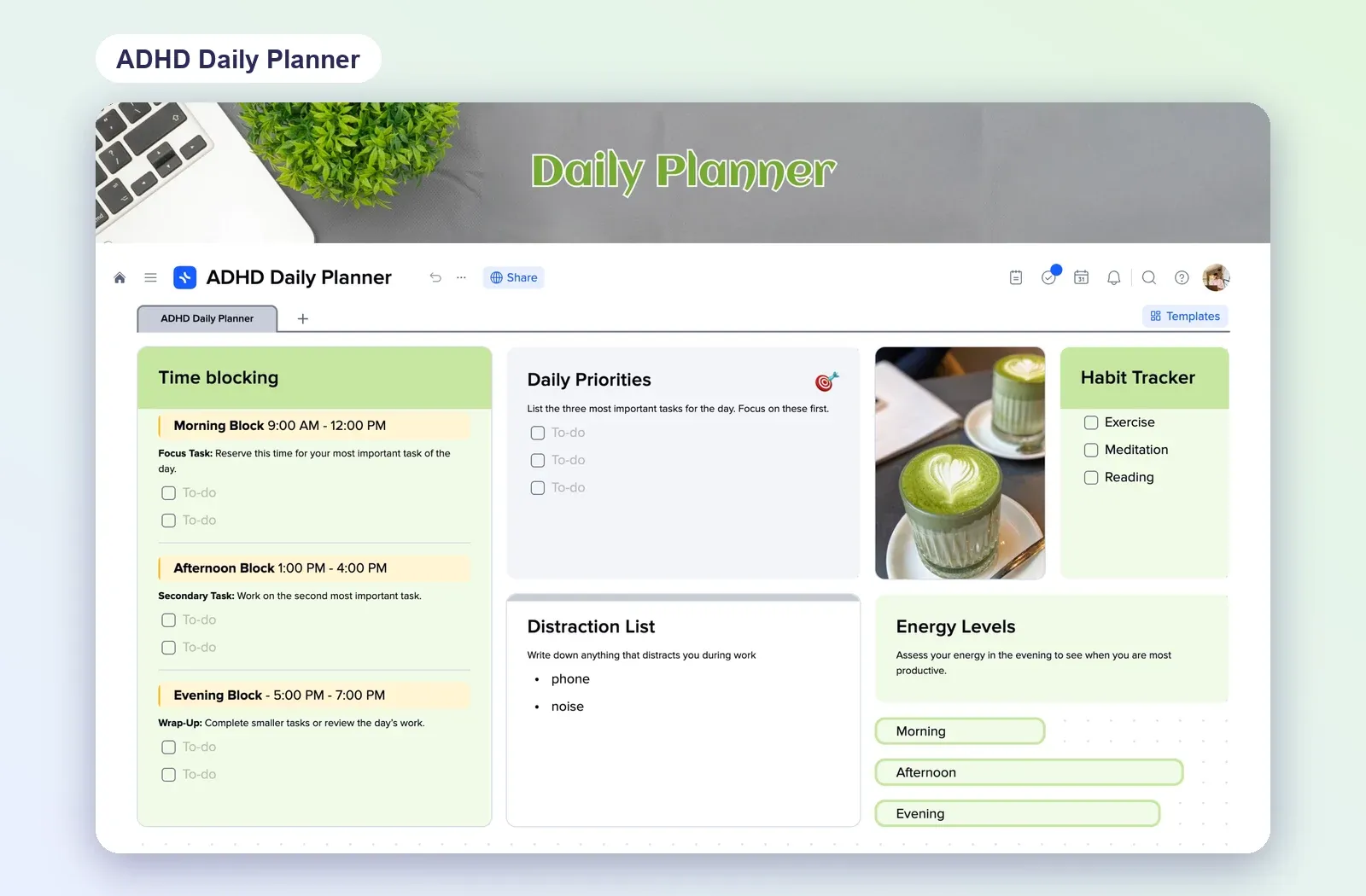ADHD Daily Planner template in xTiles with morning, afternoon and evening time blocks, three daily priorities, a distraction list, a habit tracker and energy levels