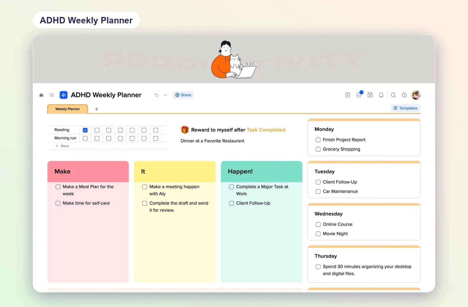 ADHD Weekly Planner template with Make, It and Happen columns, a reward tile and a list of weekdays with tasks
