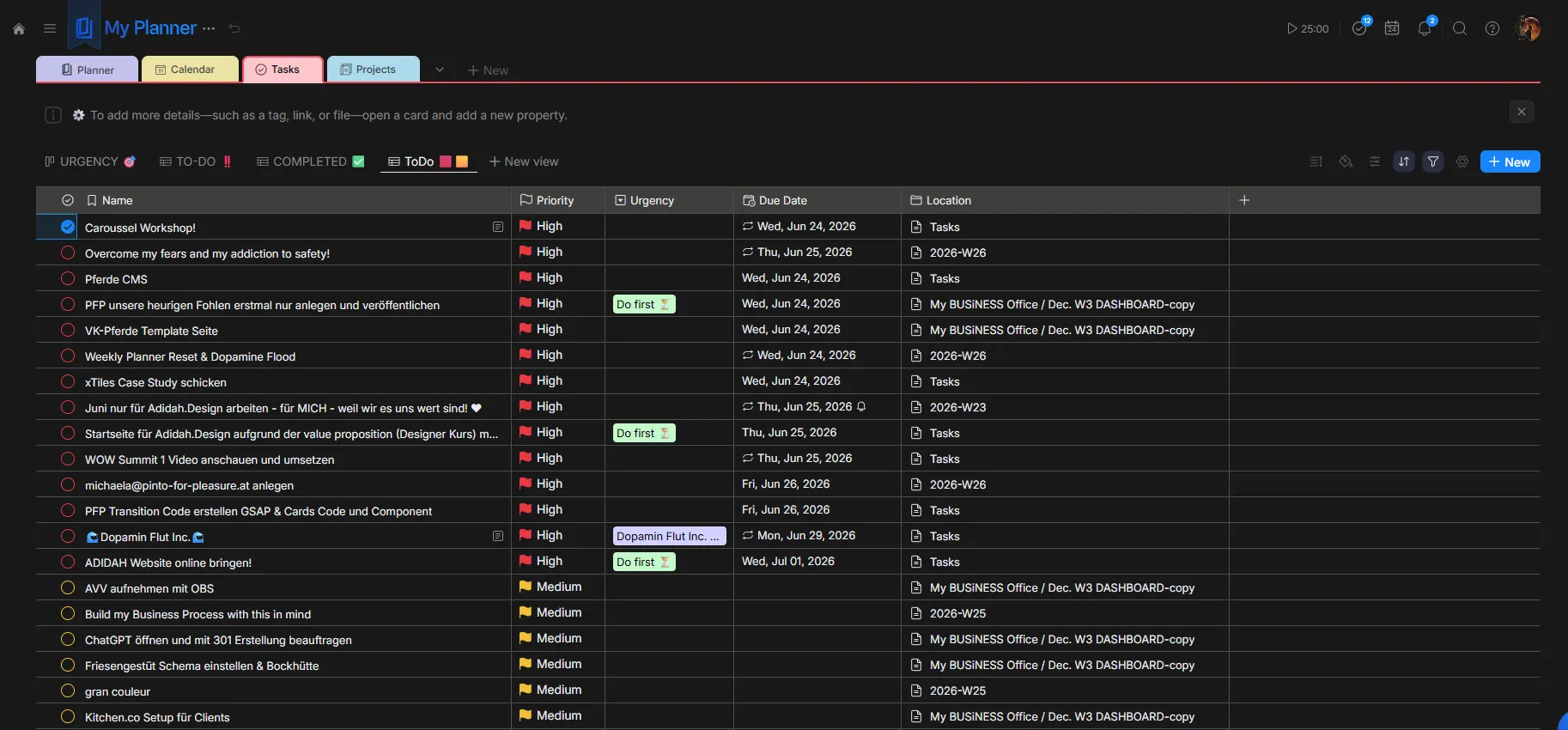 xTiles unified task list with priority, urgency, due date and location columns across several spaces