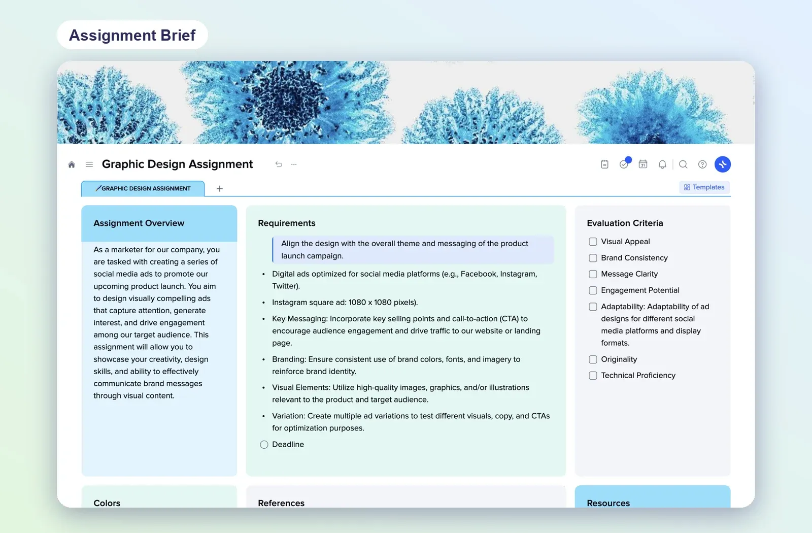 Assignment template with an assignment overview, requirements, evaluation criteria checklist and resources