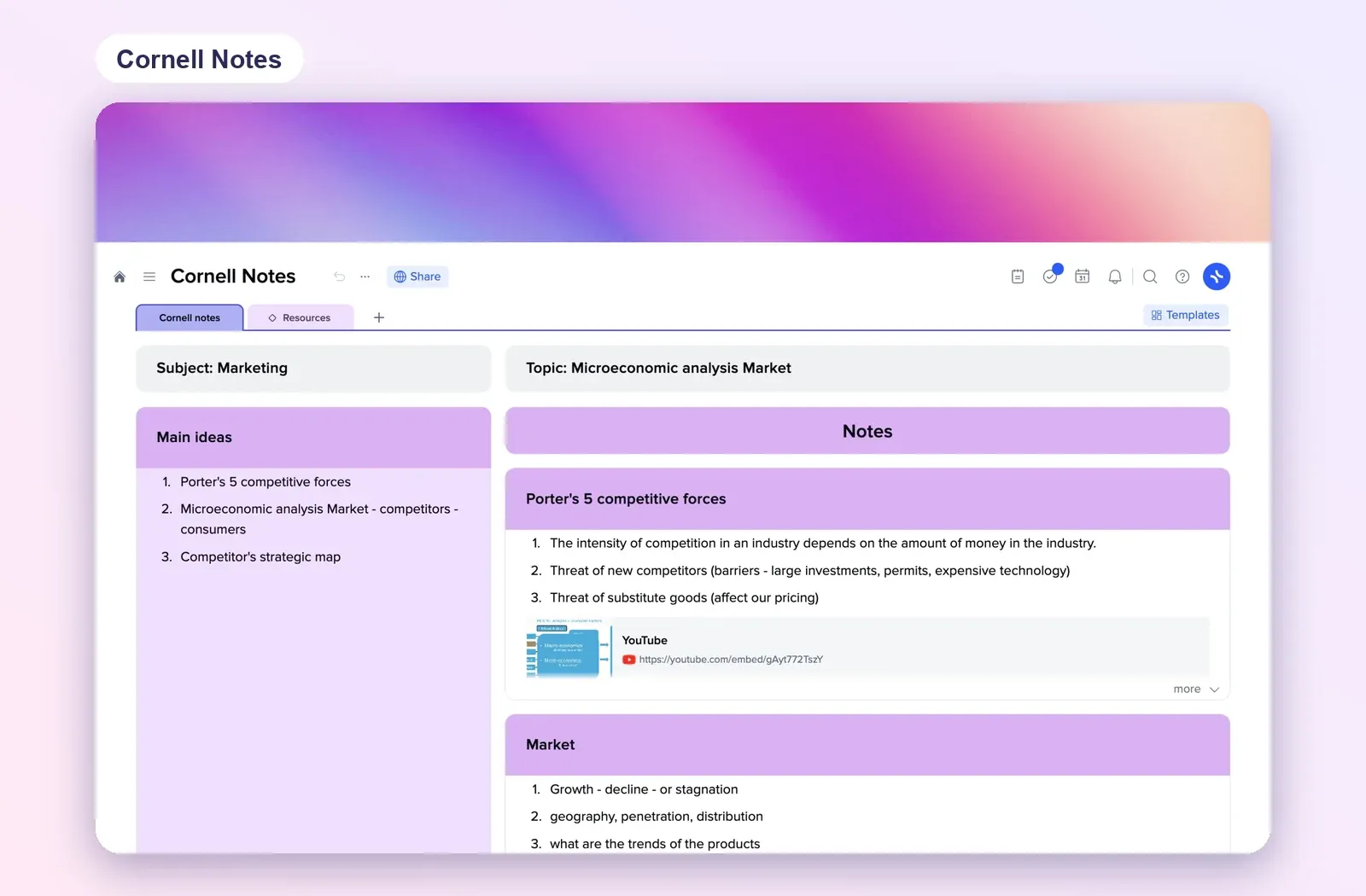 Cornell Notes template with subject, topic, main ideas and notes sections