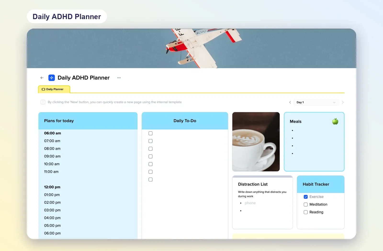 Daily ADHD Planner template with an hourly plan for today, a daily to-do list, a distraction list, a habit tracker and a meals tile
