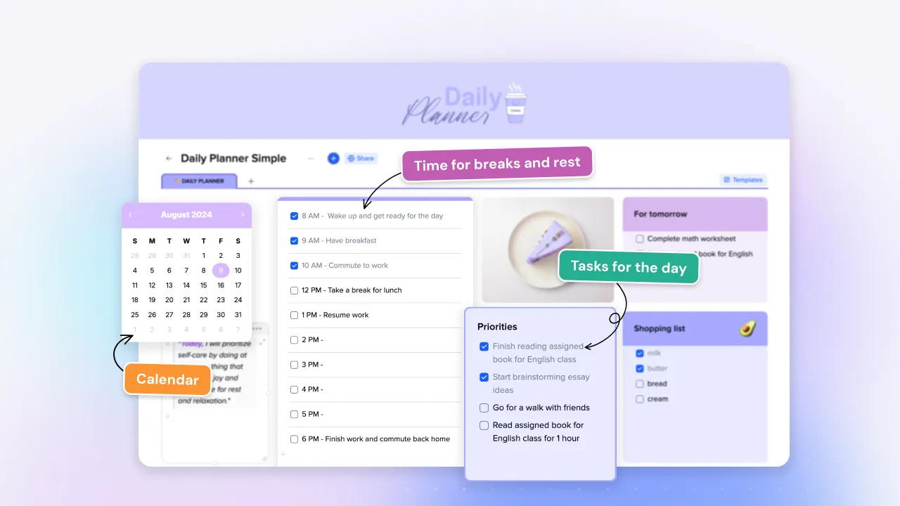 xTiles Daily Planner Simple template showing an hourly schedule in the center, a calendar and journal on the left, and a priorities list with tasks for tomorrow on the right