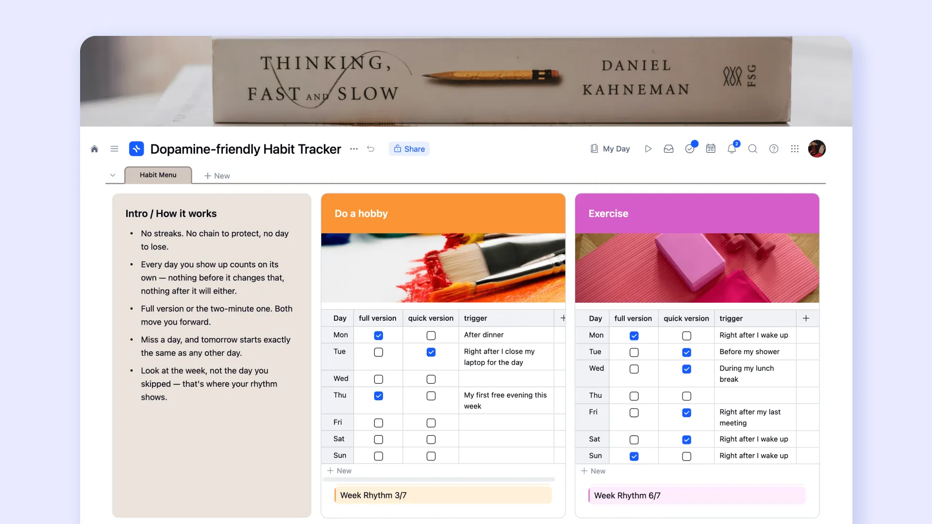 xTiles Dopamine-Friendly Habit Tracker with color-coded habit tiles, full and quick versions per day, a trigger column, and a weekly rhythm score