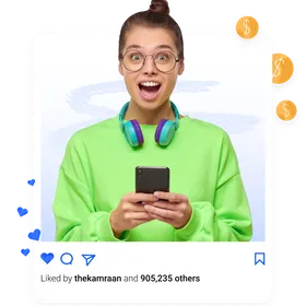 Illustration of a person excitedly looking at their phone, surrounded by likes and dollar icons