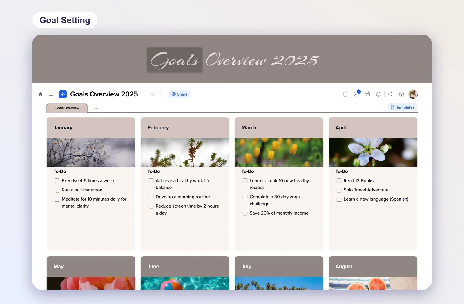 Goals Overview template in xTiles with a tile for each month, a photo and a to-do list per month