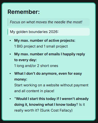 A pinned note titled My golden boundaries 2026 listing limits on active projects and daily emails