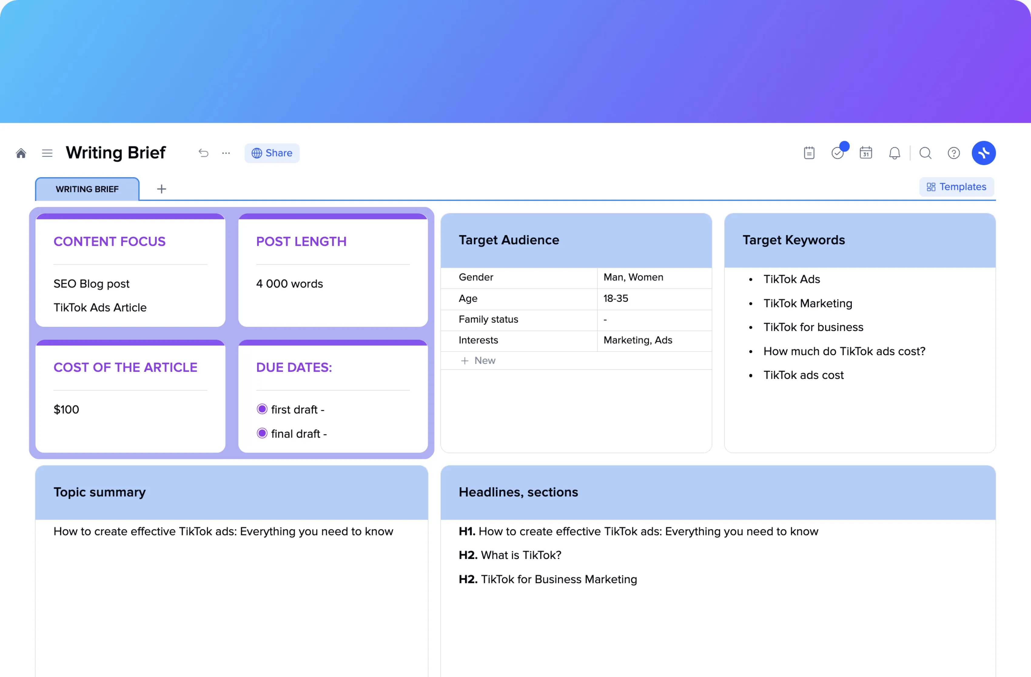 Writing Brief template preview