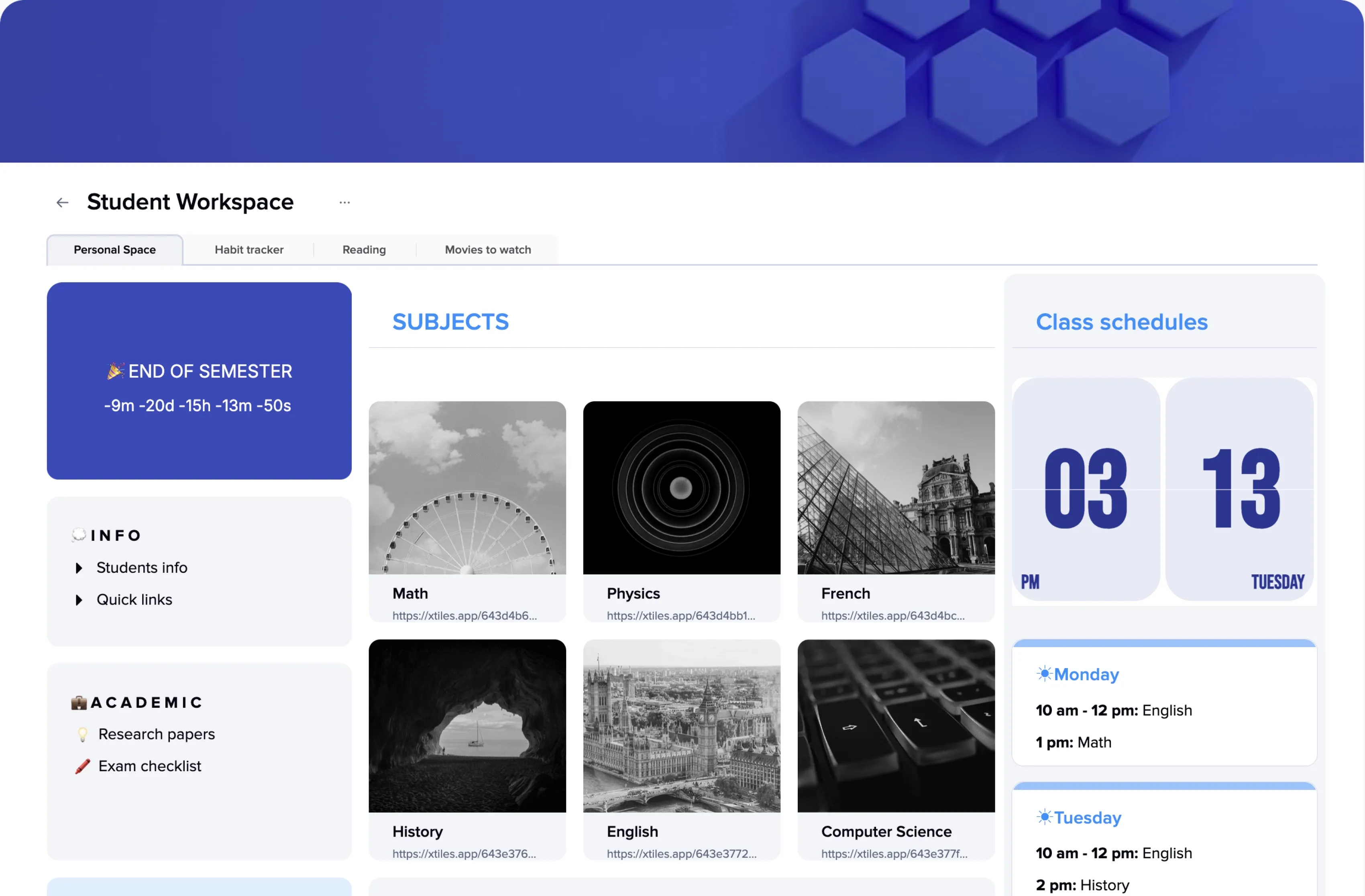Student Workspace template preview