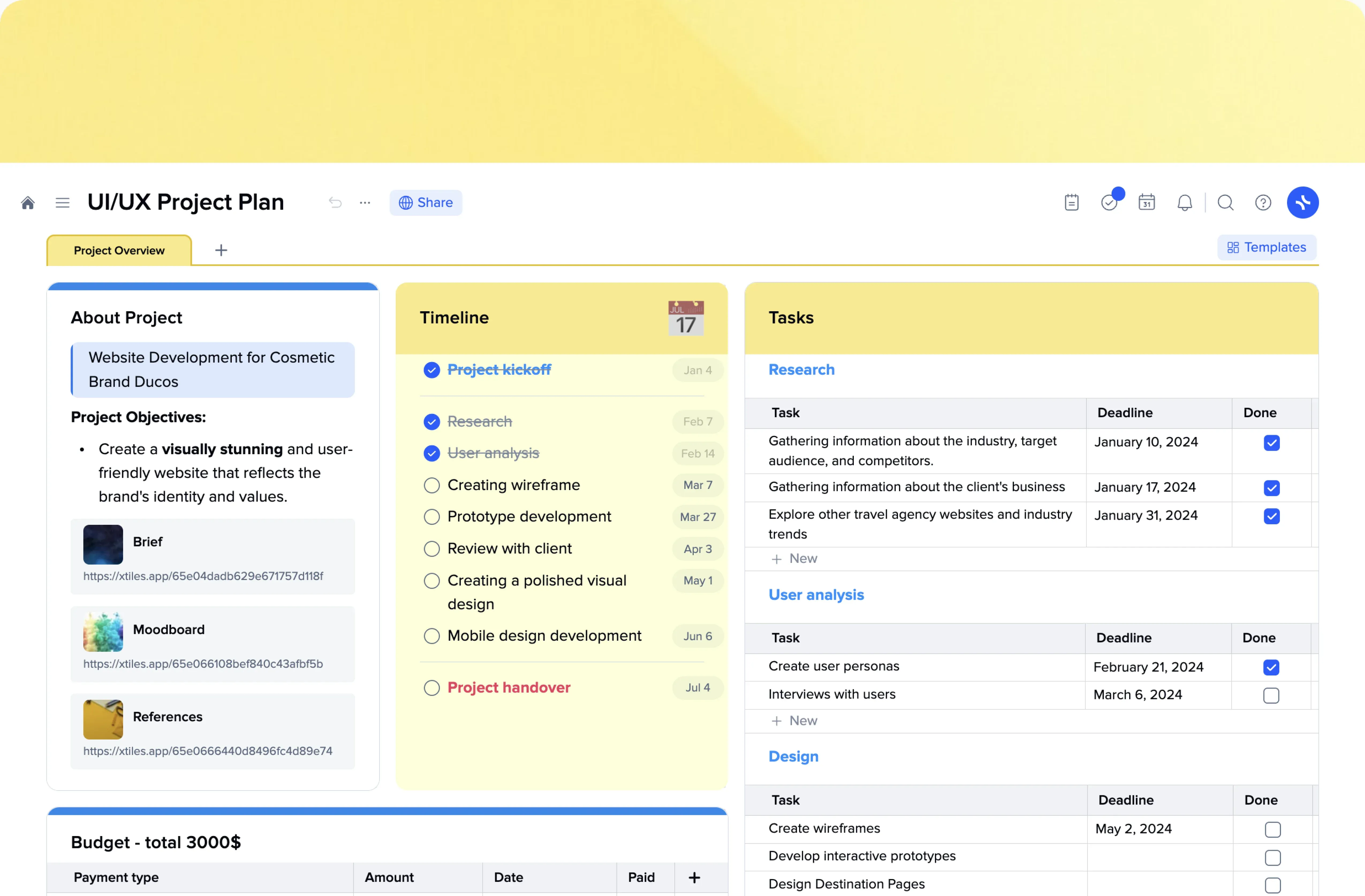 UI/UX project plan template preview