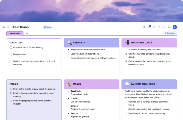 Brain Dump template preview