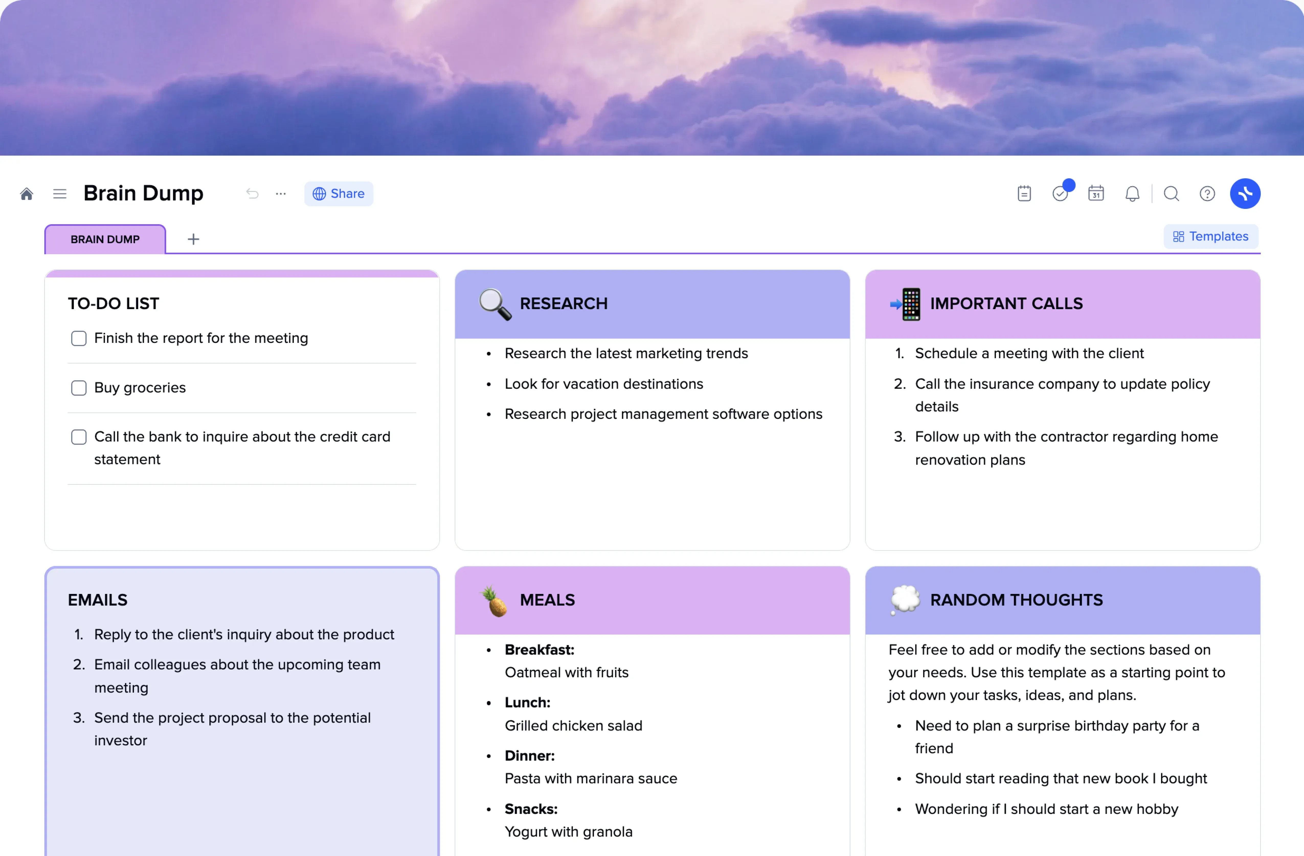 Brain Dump template preview