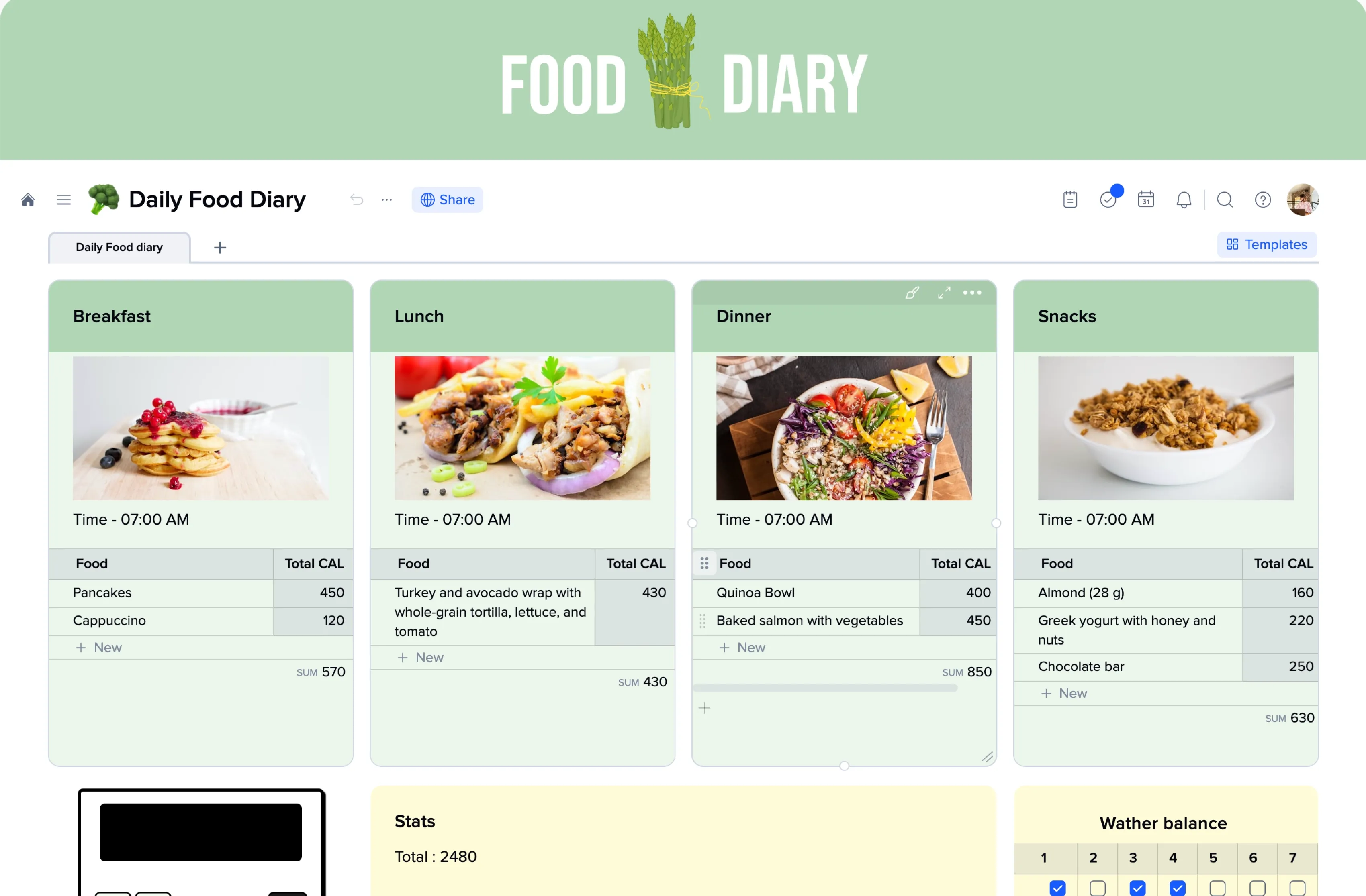 Daily Food Diary Template template preview