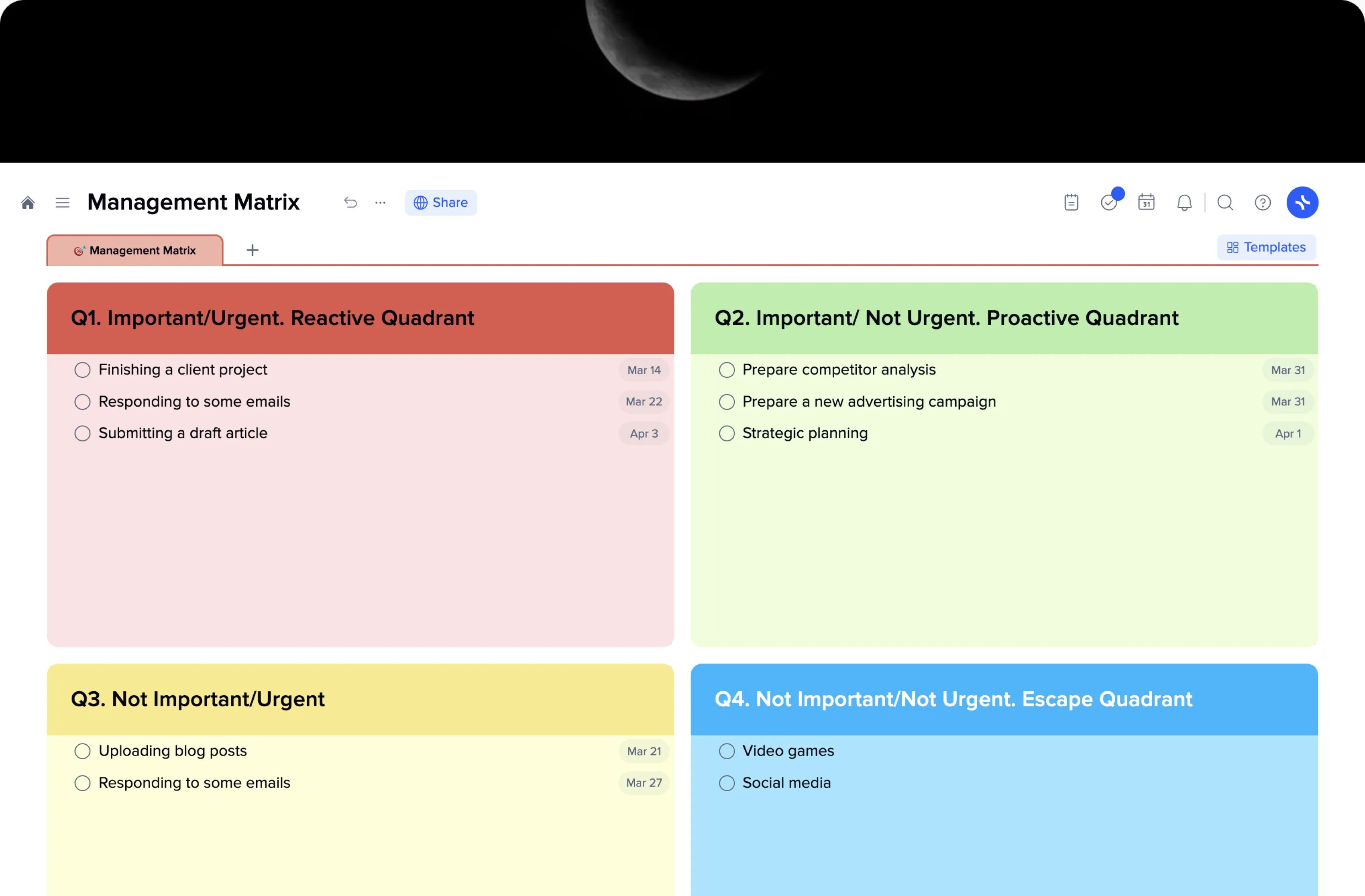 xTiles Management Matrix showing four Eisenhower quadrants: Q1 Important/Urgent, Q2 Important/Not Urgent, Q3 Not Important/Urgent, Q4 Not Important/Not Urgent