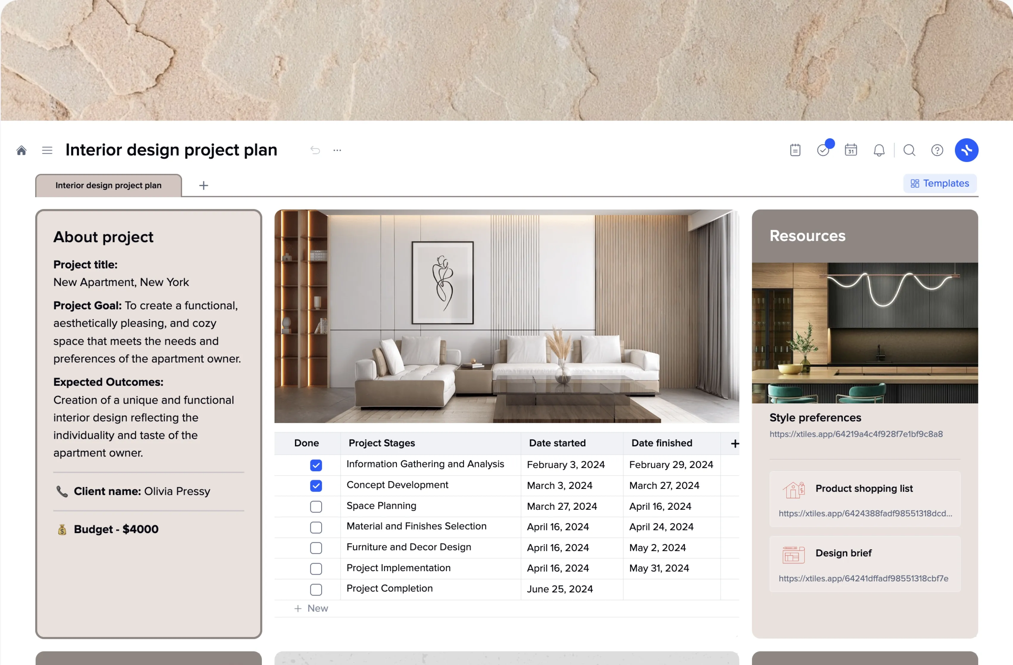 Interior design project plan template preview