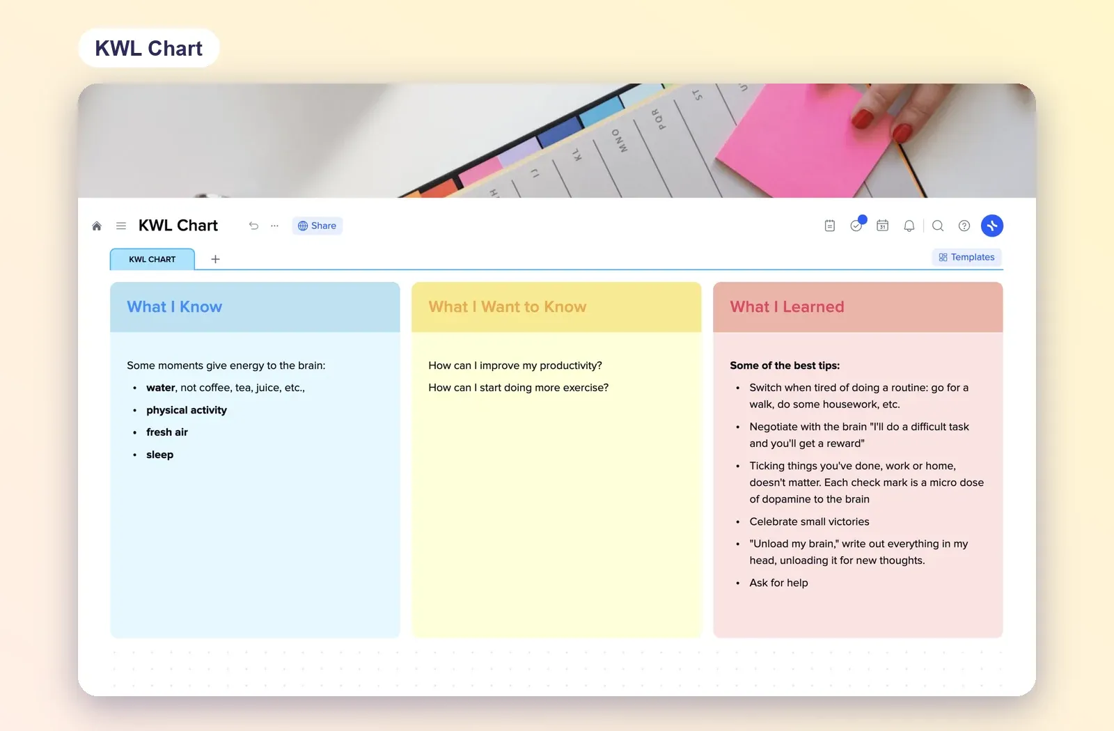 KWL Chart template with What I Know, What I Want to Know and What I Learned columns