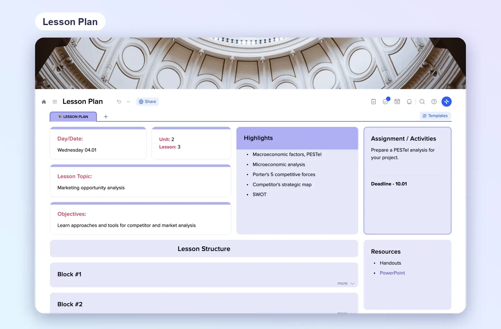 Lesson Plan template in xTiles with day and date, unit, lesson topic, objectives, highlights, lesson structure blocks and resources