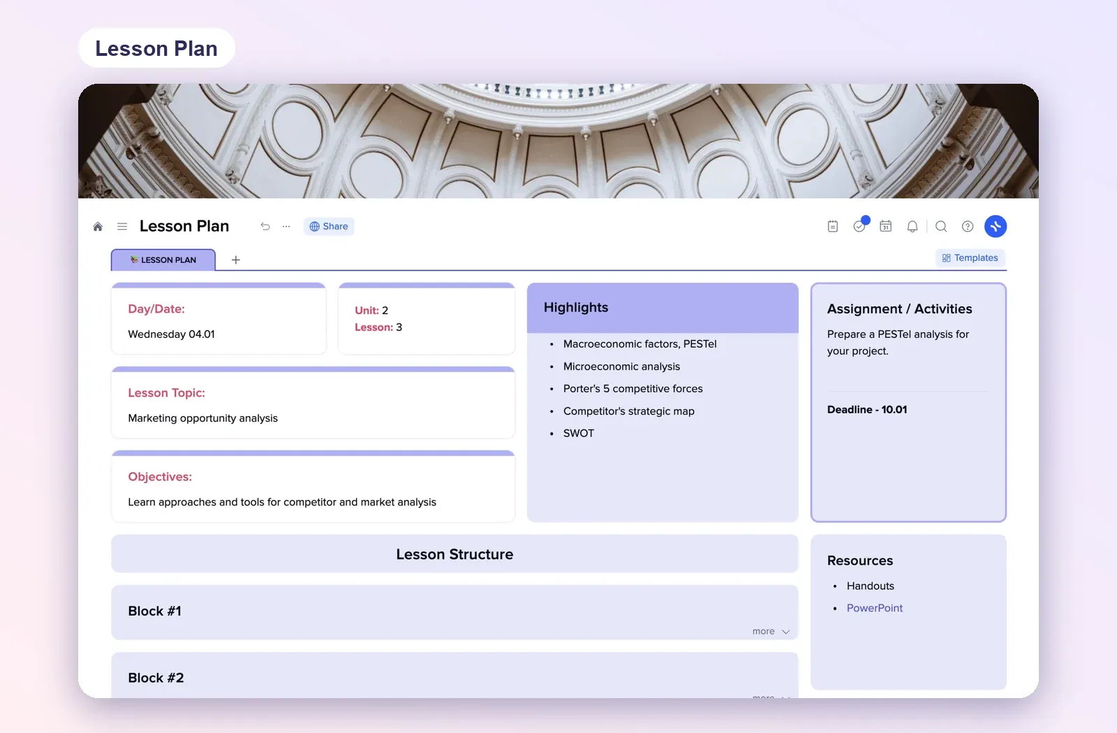 Lesson Plan template in xTiles with day and date, unit and lesson, topic, objectives, highlights, lesson structure blocks, assignment and resources