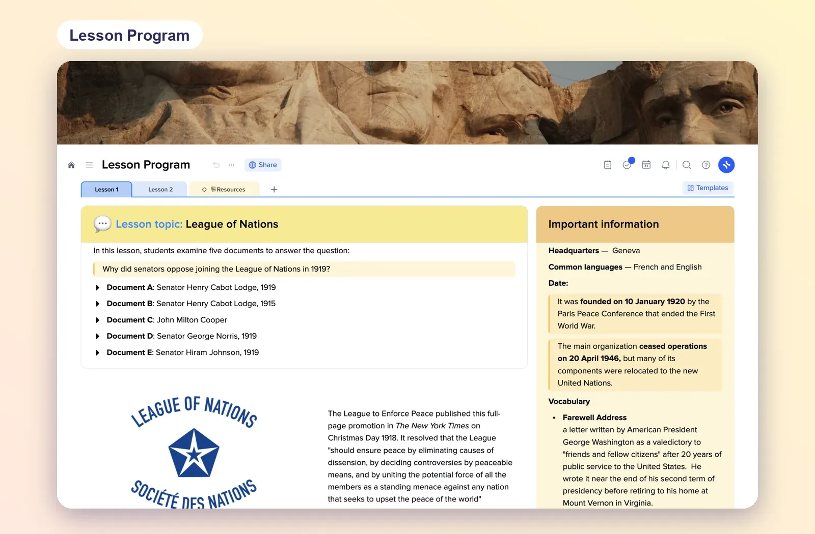 Lesson Program template with Lesson 1, Lesson 2 and Resources tabs, a lesson topic tile and an important information tile with vocabulary