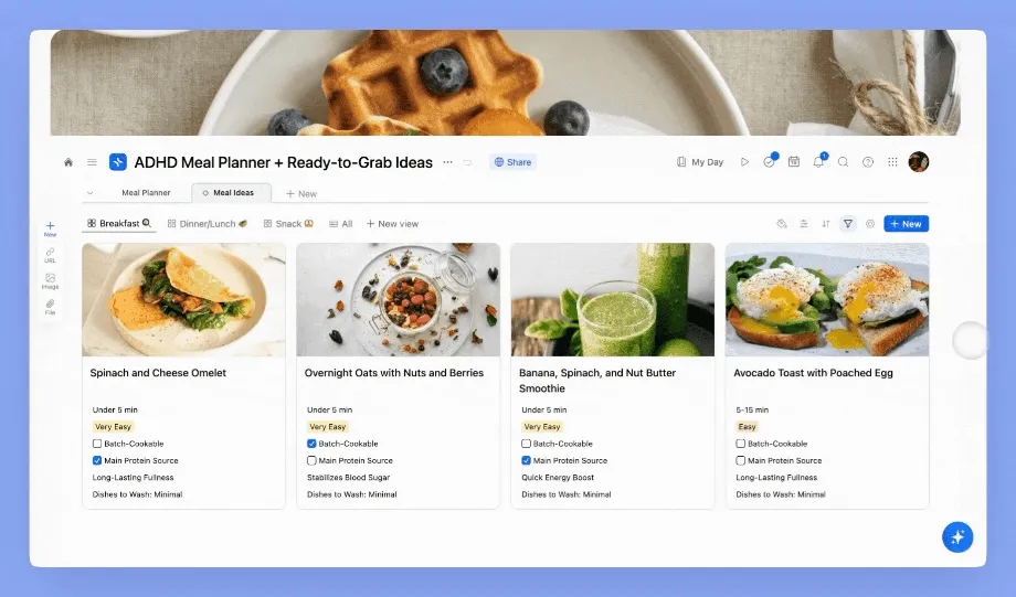 Scrolling through the xTiles Meal Ideas gallery, filtering ready-to-grab breakfast, dinner, and snack cards by prep time and effort