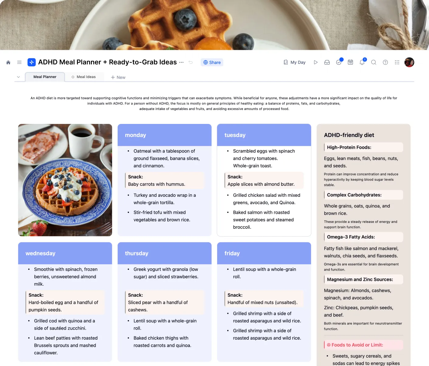 xTiles ADHD Meal Planner weekly board with color-coded days, snacks, and an ADHD-friendly diet reference panel