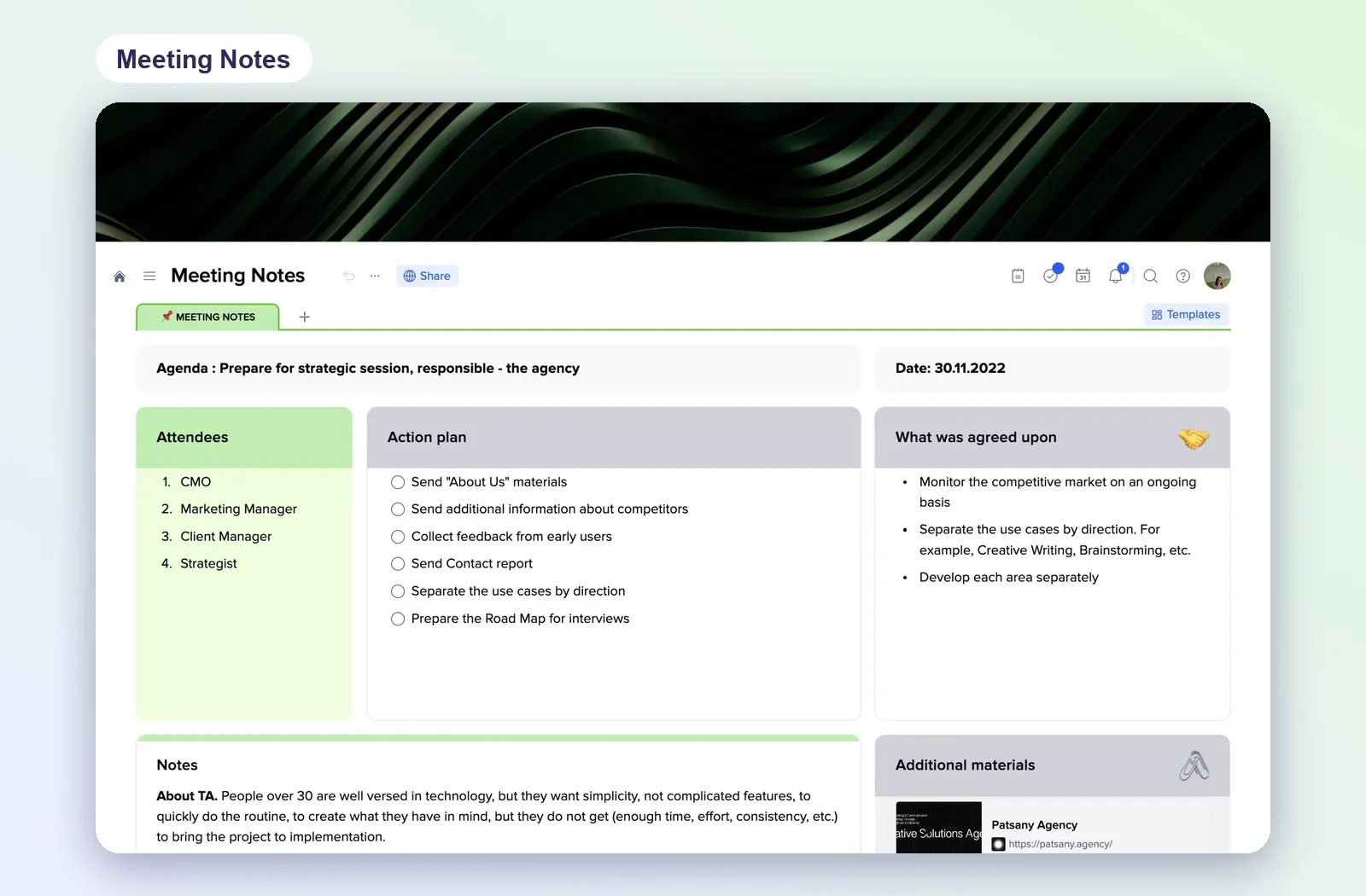 Meeting Notes template in xTiles with agenda, date, attendees, action plan checklist, what was agreed and notes tiles