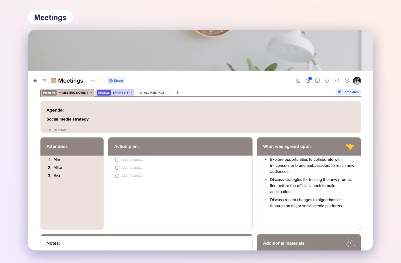 Meetings template with tabs for individual meetings, an agenda tile, attendees, action plan and what was agreed
