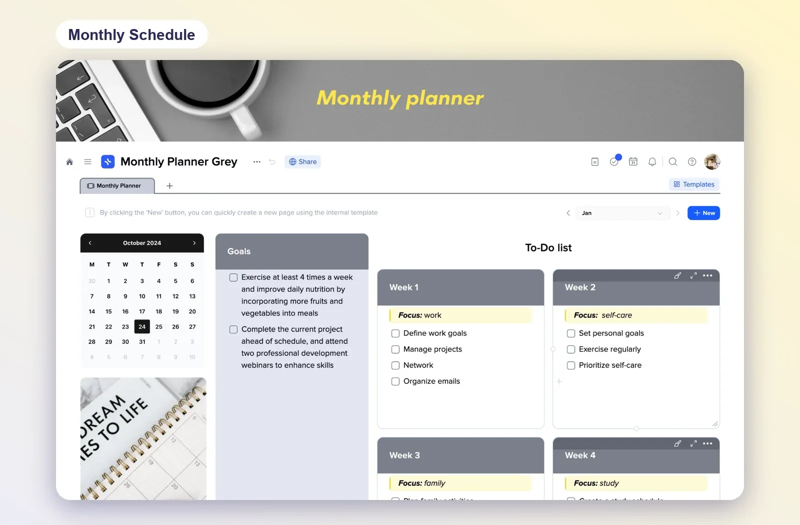 Monthly Schedule template with a month calendar, a goals tile and a to-do list split into Week 1 to Week 4 with a focus for each