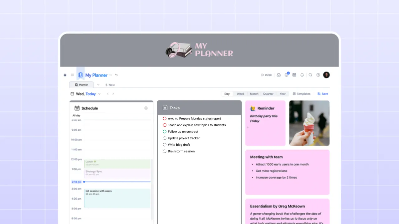 xTiles My Planner in daily view showing a Schedule column on the left with calendar events, a Tasks column in the center, and a grid of tiles on the right including a reminder, meeting notes, and a book tile