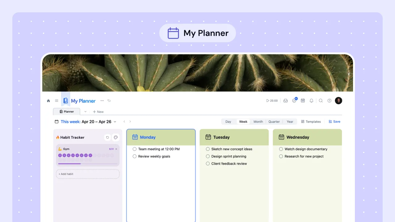 xTiles My Planner in weekly view showing tasks across Monday, Tuesday, and Wednesday alongside a Habit Tracker tile