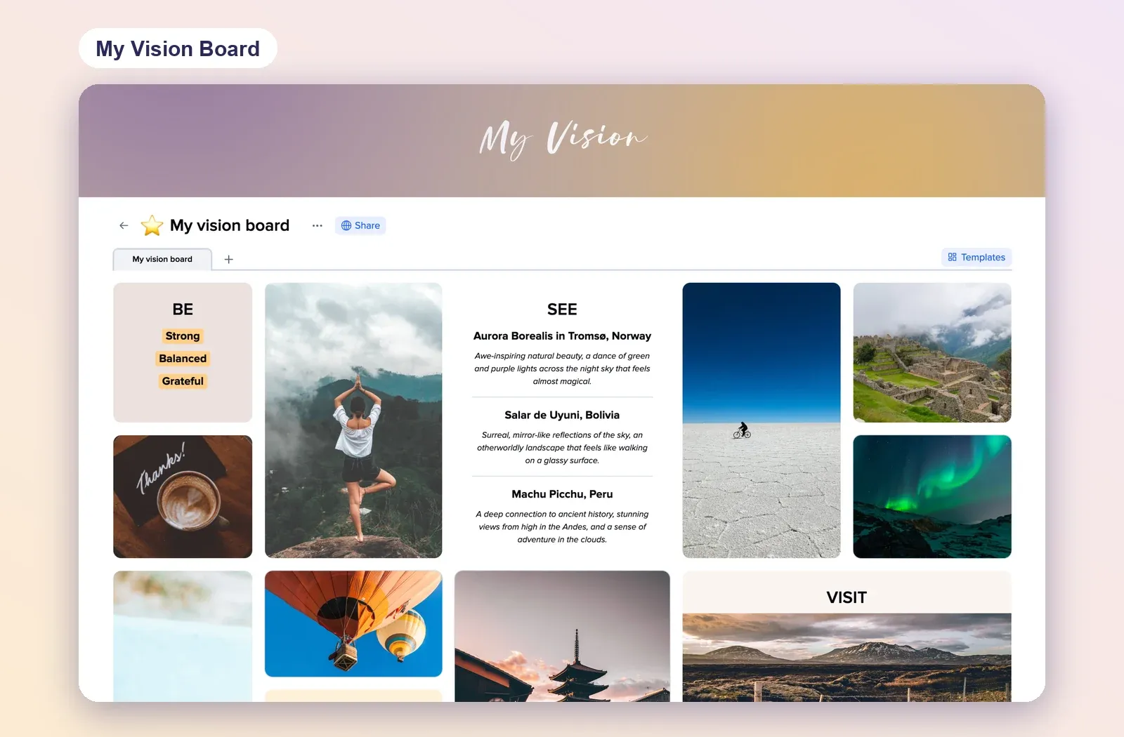 My Vision Board template with Be, See and Visit tiles and travel photos such as the northern lights and Machu Picchu