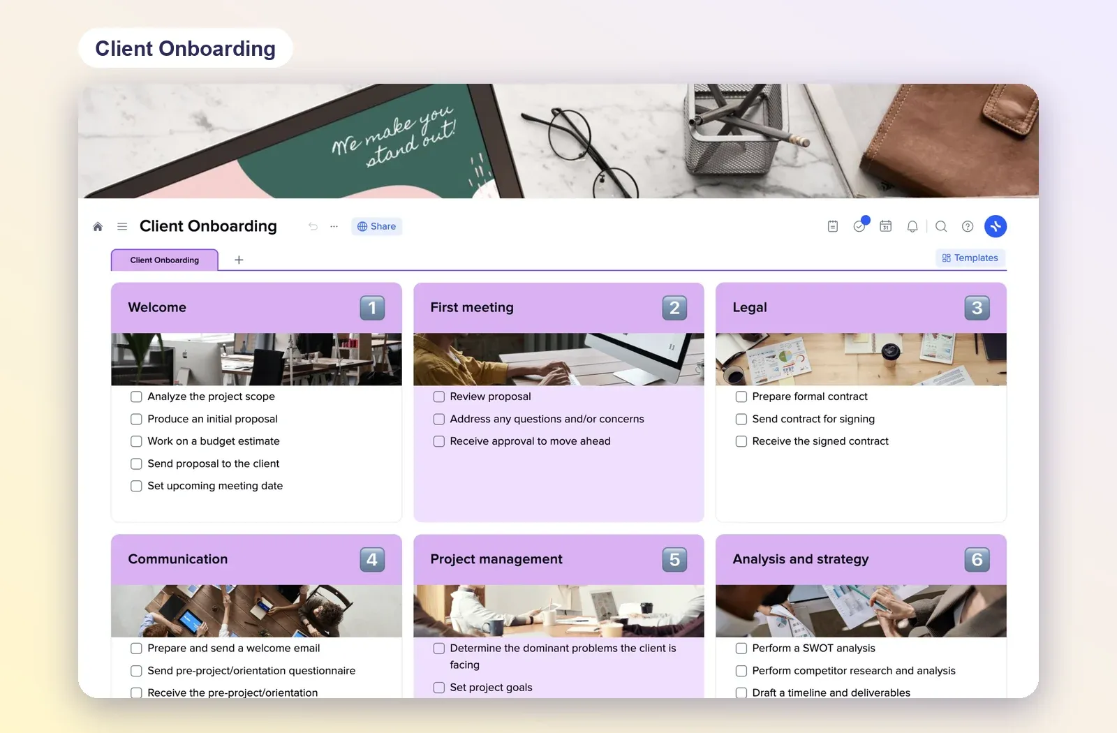 Client Onboarding template with numbered tiles for welcome, first meeting, legal, communication and project management, each with a checklist