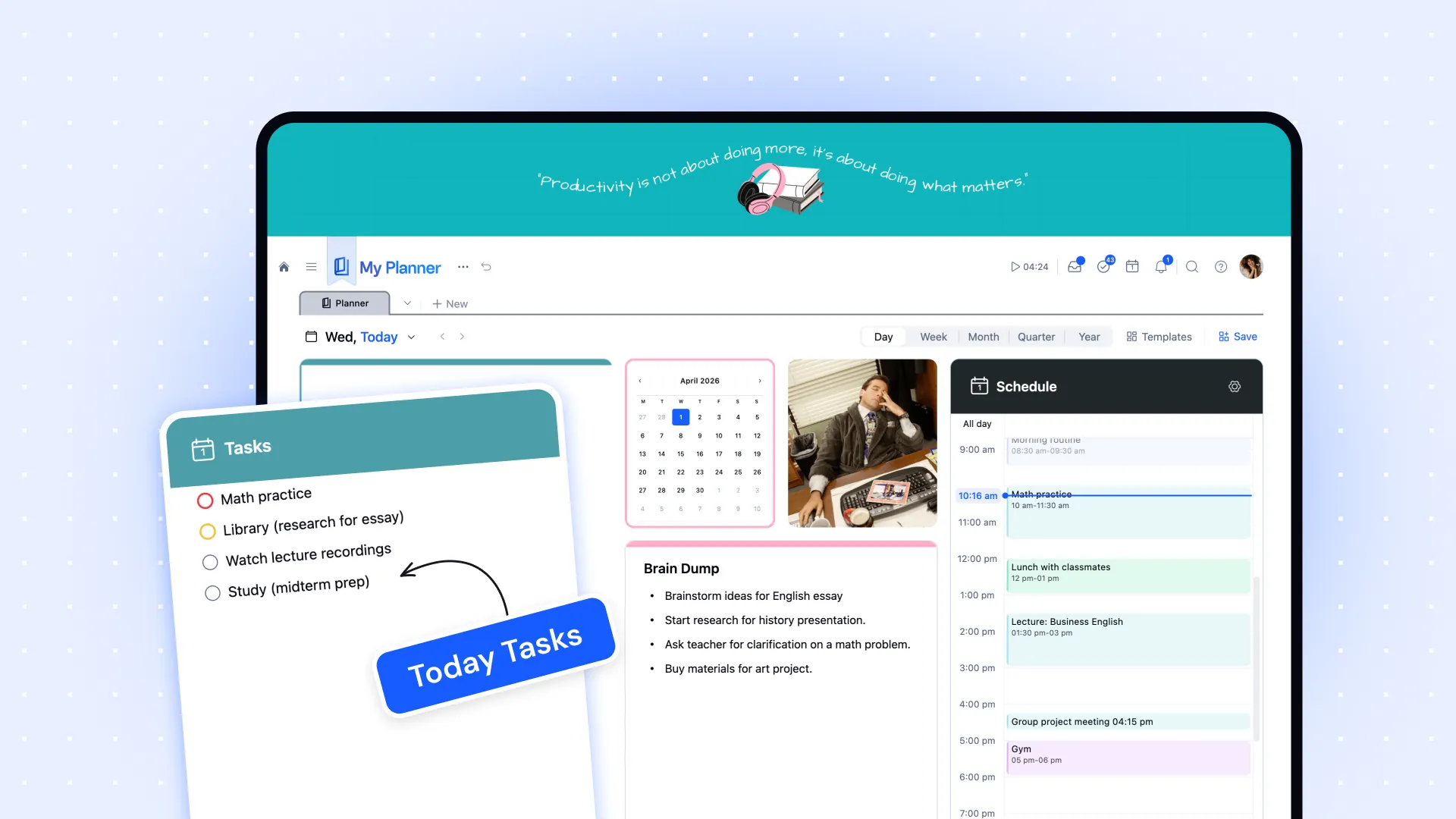 xTiles My Planner showing tasks, schedule, and calendar on one screen