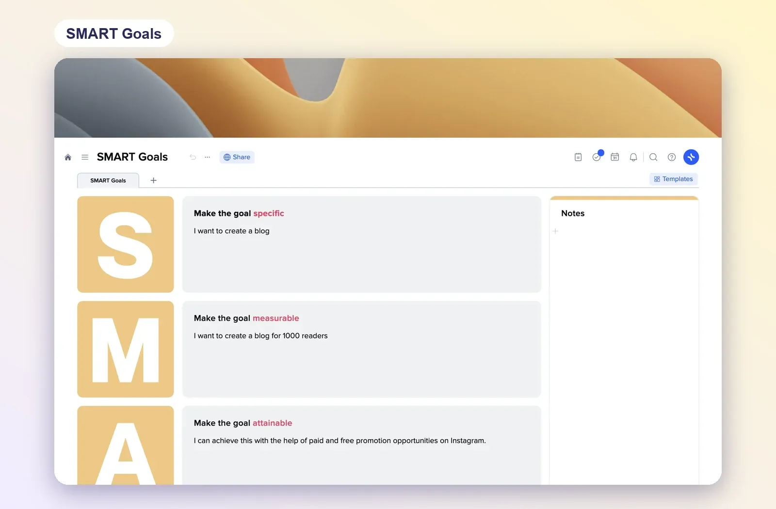 SMART Goals template with large S, M and A letters and prompts to make the goal specific, measurable and attainable