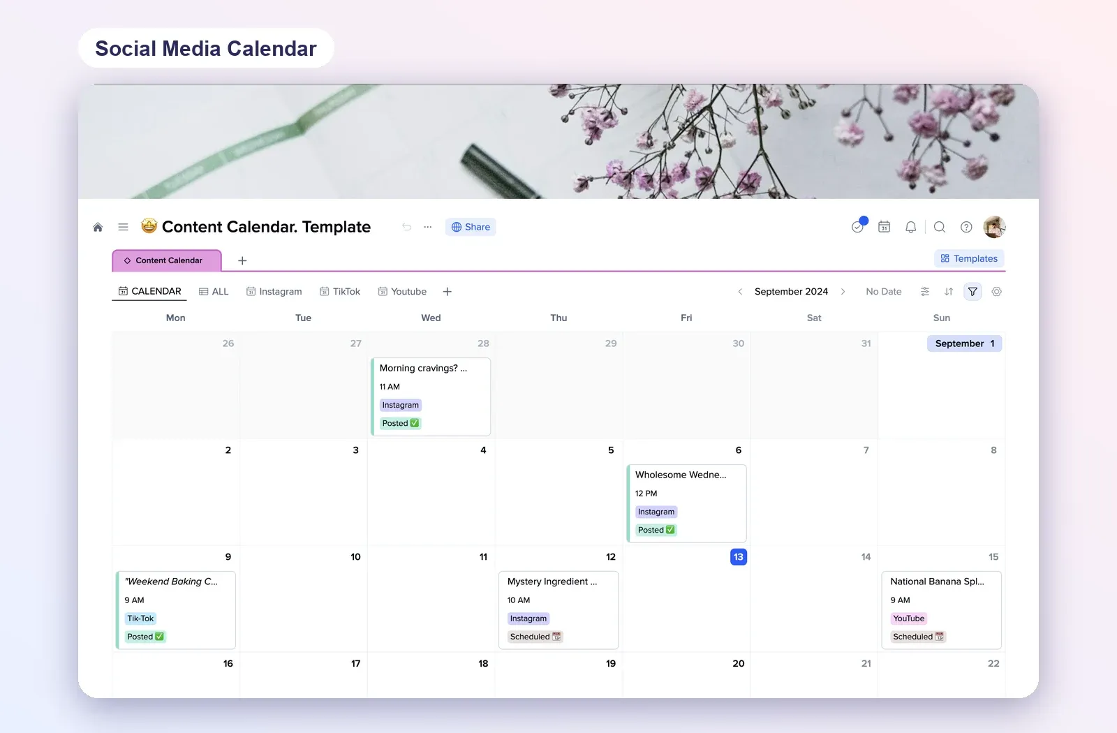 Social Media Calendar template in xTiles in calendar view with Instagram, TikTok and YouTube posts and Posted or Scheduled statuses