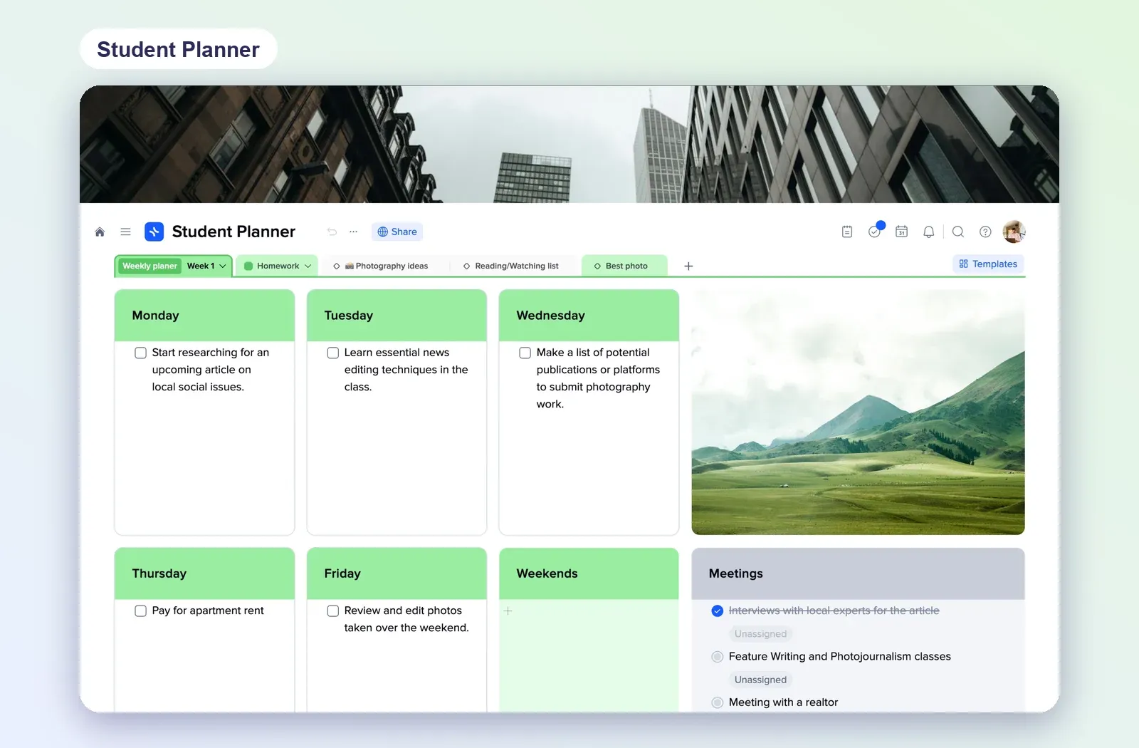 Student Planner template with Monday to Friday and weekend tiles, checklists and a meetings tile