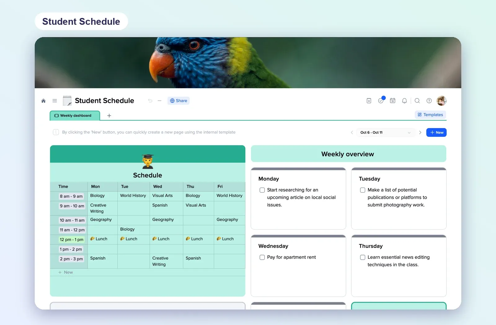 Student Schedule template in xTiles with a weekly timetable grid of subjects by hour and a weekly overview with daily checklists