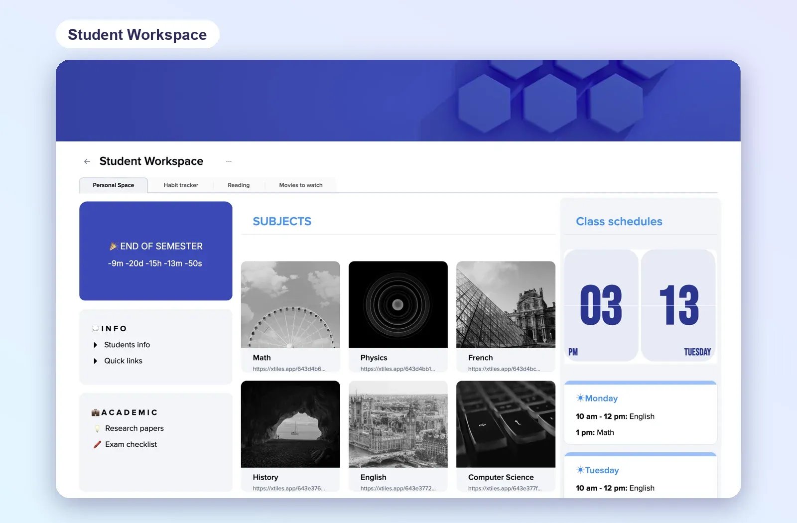 Student Workspace template with an end of semester countdown, subject tiles and class schedules