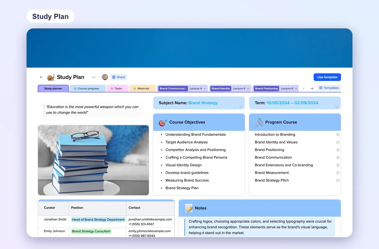 Study Plan template with subject name, term dates, course objectives, programme list and notes