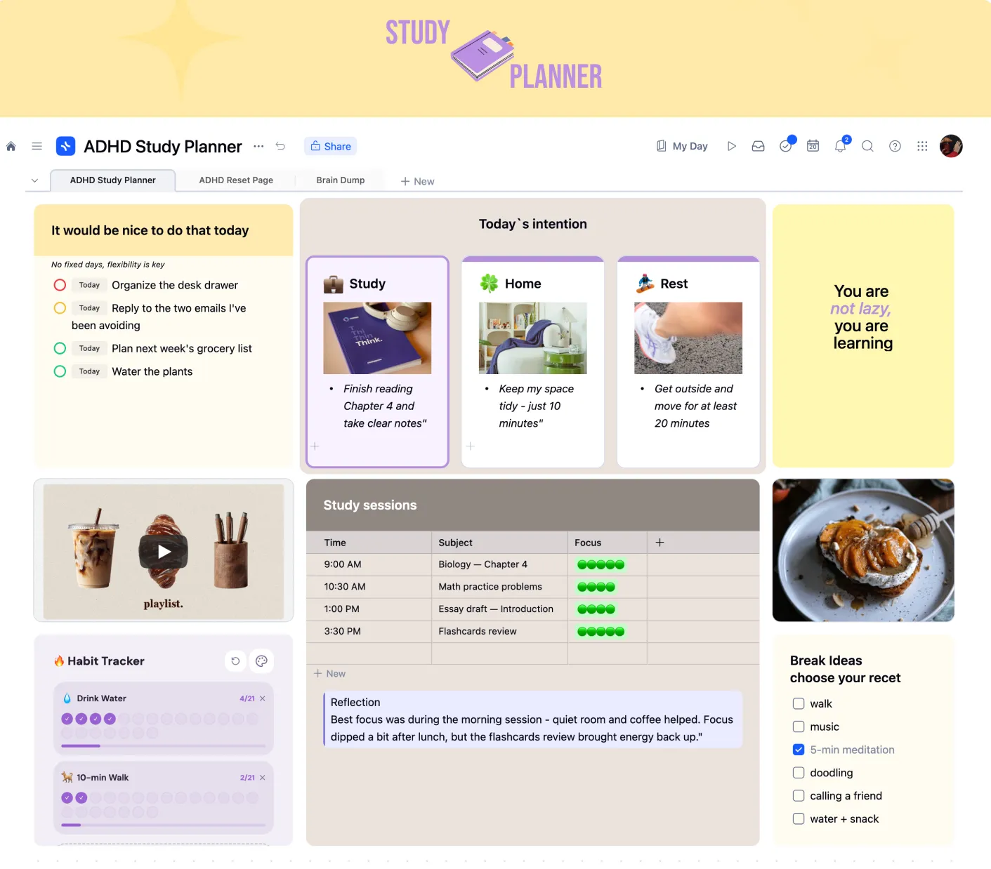 xTiles ADHD Study Planner daily dashboard with today's intentions, a study sessions table with focus ratings, and a habit tracker