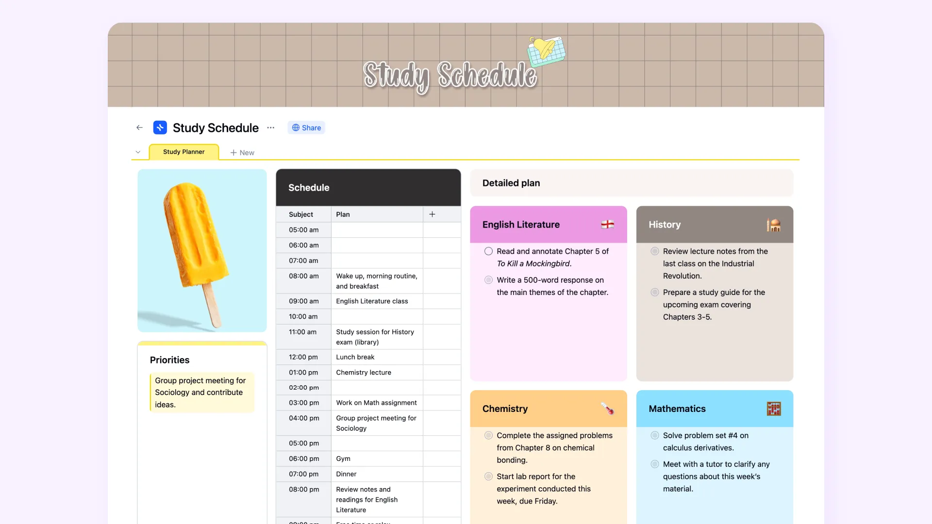 xTiles Study Schedule template with an hour-by-hour plan on the left and color-coded subject cards with a detailed plan on the right
