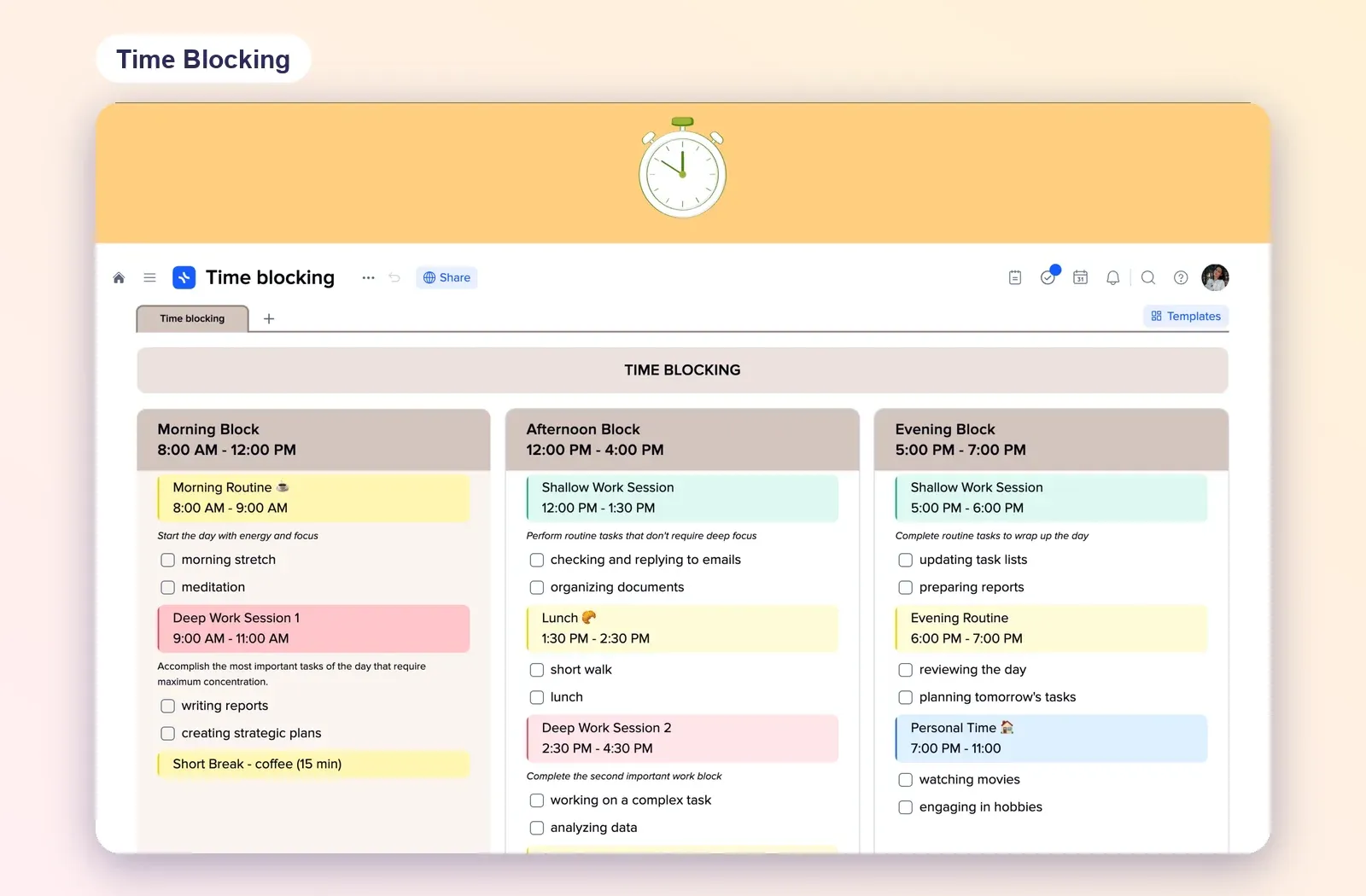 Time Blocking template with morning, afternoon and evening blocks, timed sessions and checklists