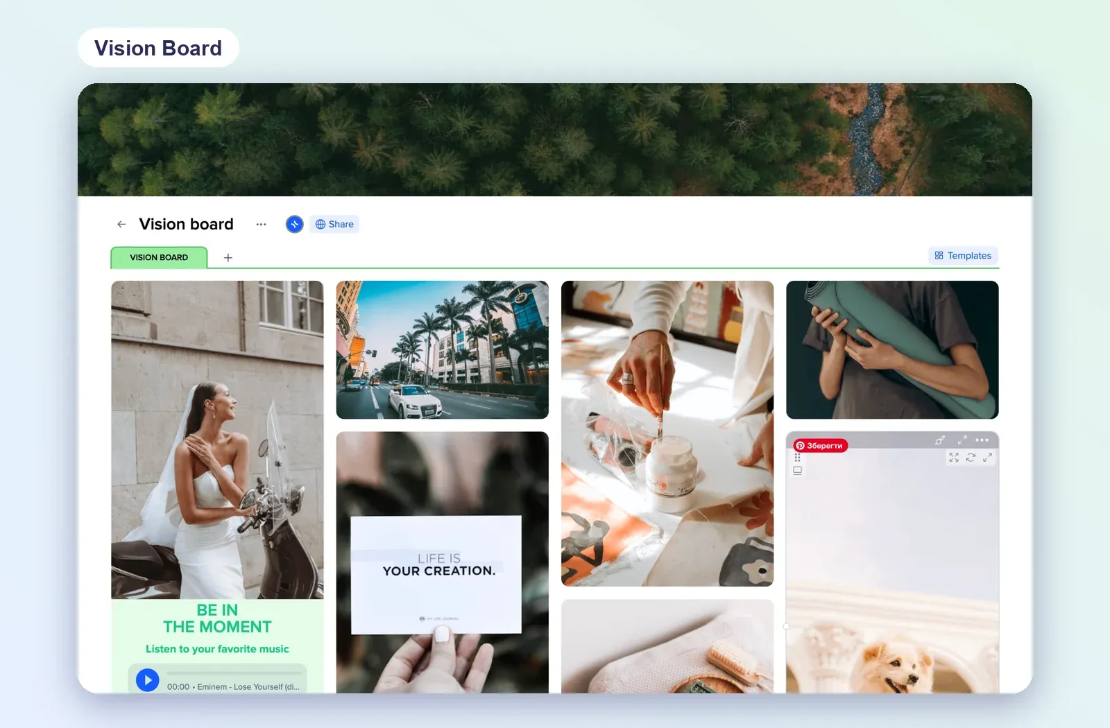 Free-form Vision Board template in xTiles with a photo collage, a quote card and an embedded song