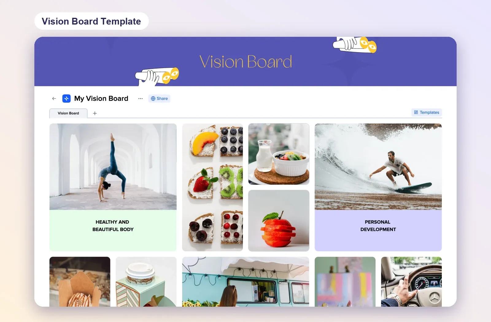 Vision Board Template in xTiles with photo tiles labelled Healthy and beautiful body and Personal development