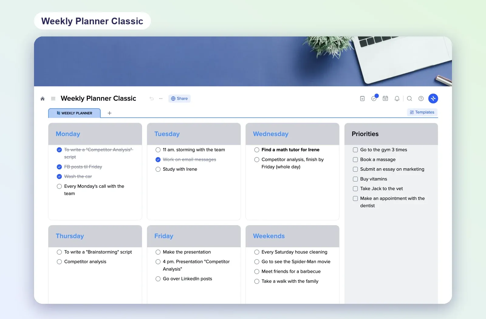 Weekly Planner Classic template with Monday to Friday and weekend tiles, checklists and a priorities column