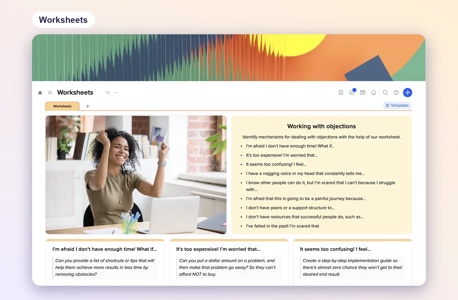 Worksheets template in xTiles with a photo, a list of prompts and three answer tiles