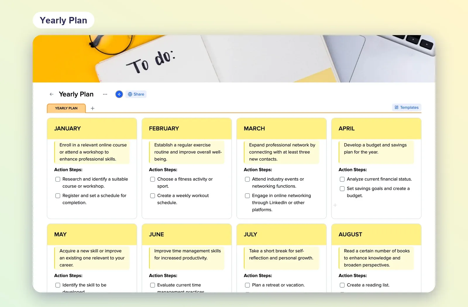 Yearly Plan template with a tile for each month, a monthly focus and action steps with checkboxes