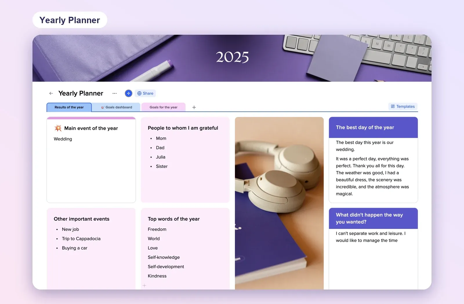 Yearly Planner template with tiles for the main event of the year, people to thank and the best day of the year