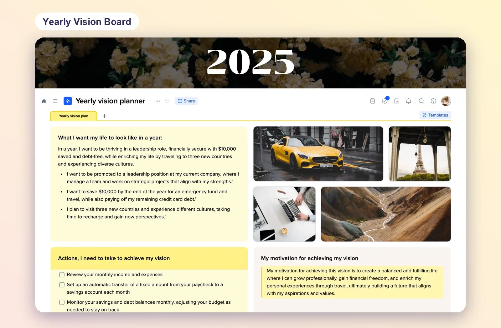 Yearly Vision Board template with a written vision for the year, goal photos and a checklist of actions